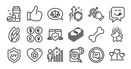 Dog bone, Stop talking and Dollar line icons set. Secure shield and Money currency exchange. Seo stats, Medical drugs and Laptop insurance icons. Vector