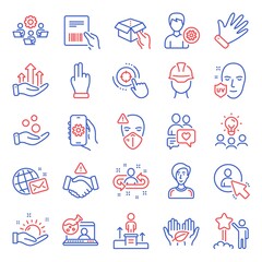 People icons set. Included icon as Business podium, Medical mask, Hand signs. Parcel invoice, Business idea, Recruitment symbols. Fair trade, Donation money, Sunny weather. User, Foreman. Vector
