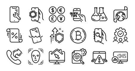 Loan percent, Work home and Face detection line icons set. Secure shield and Money currency exchange. Smartphone waterproof, Translation service and Education icons. Vector