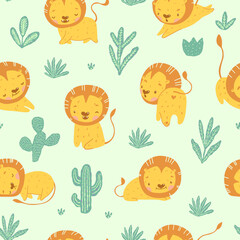 Cute Baby Lion seamless pattern. Children background with adorable lion character in different poses and face expressions - running, stretcing, smiling. Pastel green, cactus greenery, leaves, branches