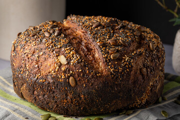 Closeup of homemade bread against dark background