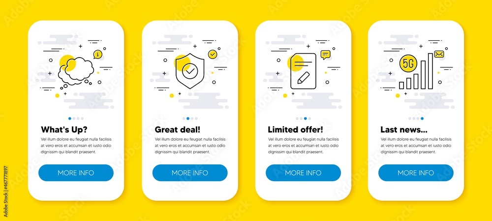 Poster vector set of edit document, speech bubble and security shield line icons set. ui phone app screens 