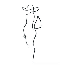 Continuous line drawing of beaytiful woman in hat. Vector Illustration