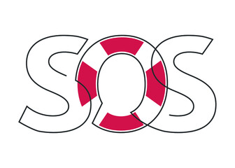 Continuous line drawing of SOS text with life buoy in middle. SOS distress signal. Vector illustration.