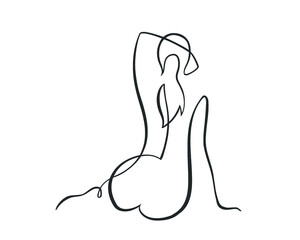 Continuous drawing of a beautiful woman sitting with her back. Vector illustration