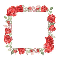 Beautiful square frame of watercolor red roses. For invitations, wedding decor, valentine cards.