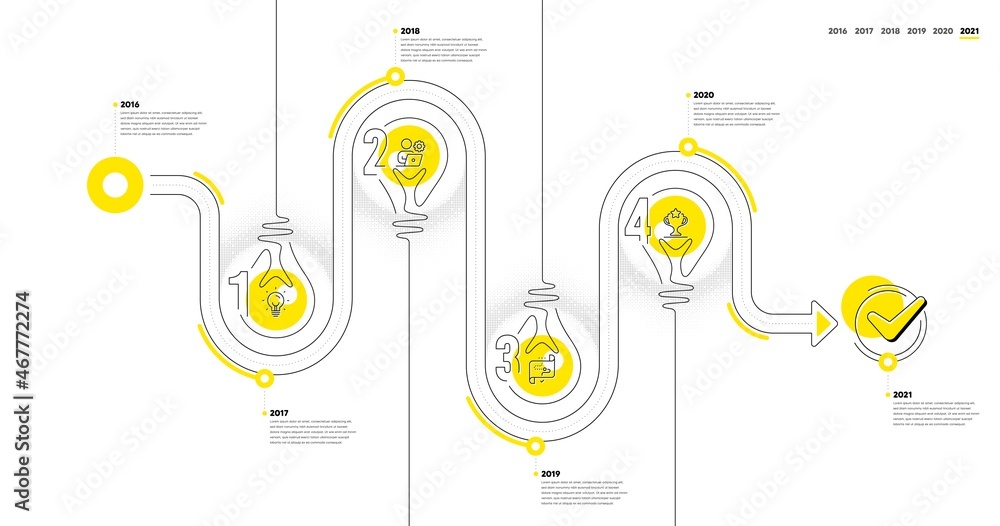 Poster business infographic timeline with 4 steps. lightbulb journey path infographics. workflow process di
