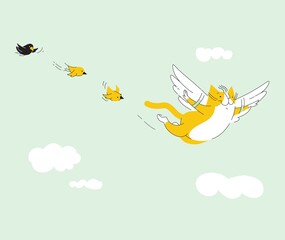 Funny cat with wings flies with birds
