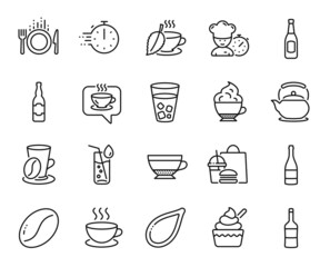 Vector set of Mint tea, Chef and Teapot line icons set. Ice cream, Coffee and Fast food icons. Cappuccino cream, Wine and Coffee beans signs. Cappuccino, Beer bottle and Water glass. Vector