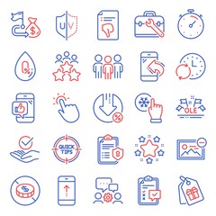 Business icons set. Included icon as Remove image, Loan percent, Coupons signs. Update time, No alcohol, Uv protection symbols. Thumb down, Engineering team, Tips. Financial goal, Stars. Vector