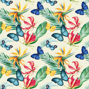 Tropical flowers, palm leaves and butterflies. seamless pattern, watercolor floral design