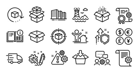 Packing boxes, Lighthouse and Construction document line icons set. Secure shield and Money currency exchange. Return package, New house and Engineering team icons. Vector