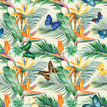 Tropical flowers, leaves and butterflies. Modern exotic plants seamless pattern, watercolor illustration, digital paper