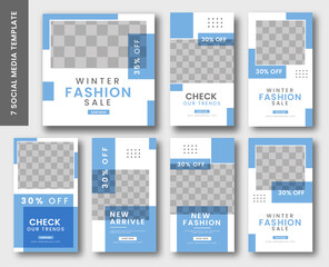 Modern Fashion social media post stories bundle template. Creative Minimalist concept design with blue colors.