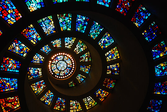 A spiraling stained glass window on the ceiling f the Thanks Giving Chapel in Dallas recreates the Fibonacci sequence