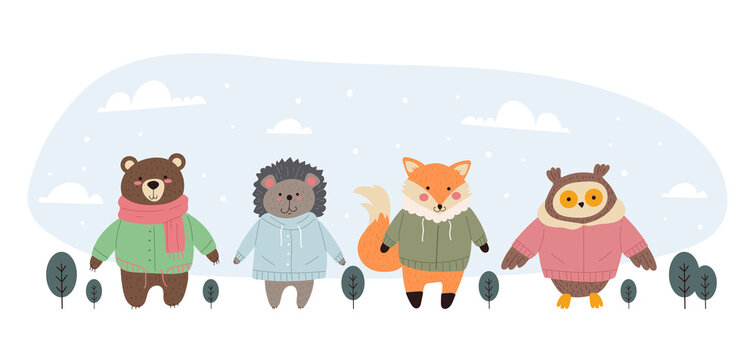 Winter forest animal characters fox bear owl hedgehog concept. Vector flat cartoon graphic design illustration