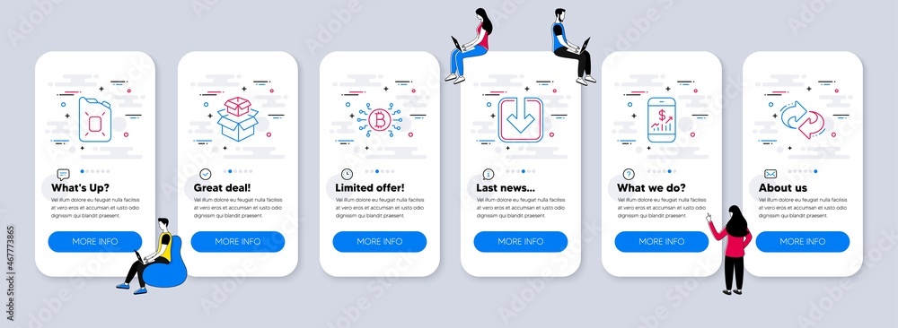 Poster technology icons set. ui phone app screens with teamwork. included icon as bitcoin system, load docu