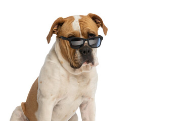 cool american bulldog dog wearing sunglasses, looking away