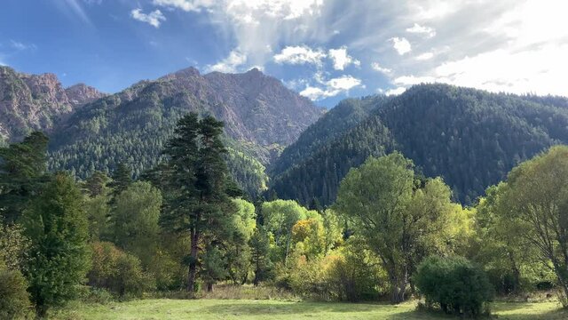 Beautiful mountains of the North Caucasus in the fall season, Arkhyz, Karachay-Cherkessia. beautiful valley of the Teberda nature reserve, early autumn