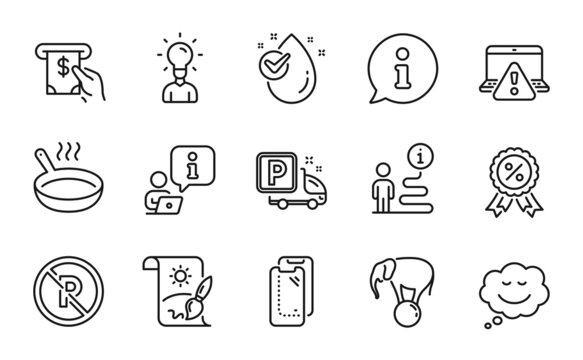 Business icons set. Included icon as Water drop, No parking, Smartphone glass signs. Discount medal, Frying pan, Creative painting symbols. Speech bubble, Truck parking, Education. Vector