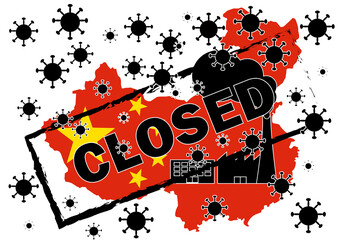 Empresas chinas cerradas. por la crisis de la Covid-19 o coronavirus Silueta del mapa de China con su bandera, un símbolo de fábrica, empresa o factoría y un sello con la palabra cerrado.