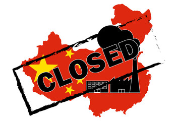 Empresas chinas cerradas. Silueta del mapa de China con su bandera, un símbolo de fábrica, empresa o factoría y un sello con la palabra cerrado.