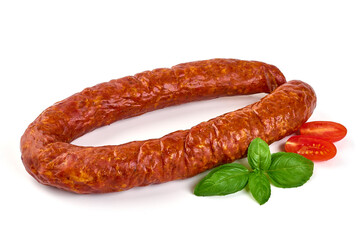 Traditioanal air dried sausage, isolated on white background.