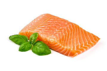 Fresh salmon fillet with basil, isolated on white background.