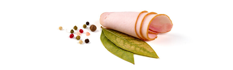 Sliced smoked pork loin, isolated on white background.