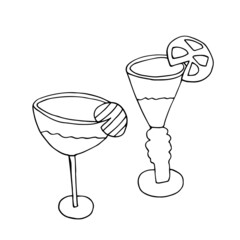 Vector groceries and champagne. Shot glasses and vodka. Wine and groceries. In honor of the holiday. Isolated. Drawn by hand. Coloring pages for children and adults. Cartoon
