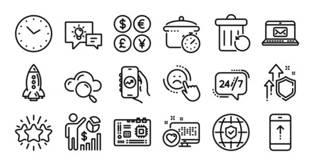 Idea lamp, Cloud computing and Time line icons set. Secure shield and Money currency exchange. Dislike, Recovery trash and 24h service icons. Rocket, E-mail and Swipe up signs. Vector