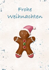 Braunes Lebkuchenmännchen mit Dekoration, rosa Weihnachtsmütze, bunten Knöpfen und Zuckerglasur mit Schrift