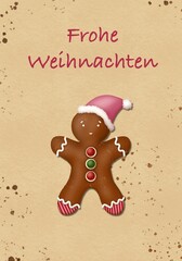 Braunes Lebkuchenmännchen mit Dekoration, rosa Weihnachtsmütze, bunten Knöpfen und Zuckerglasur mit Schrift
