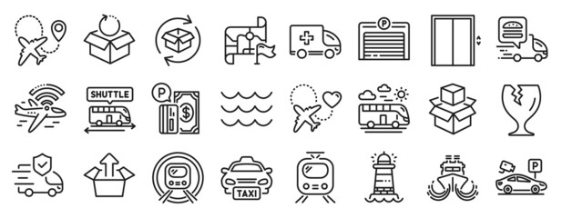 Set of Transportation icons, such as Return parcel, Train, Airplane icons. Ship, Parking security, Fragile package signs. Taxi, Send box, Parking garage. Waves, Bus travel, Packing boxes. Vector