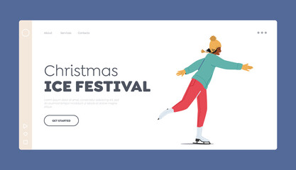 Christmas Ice Festival Landing Page Template. Vacation Spare Time on Ice Rink. Happy Girl in Warm Clothes Skating