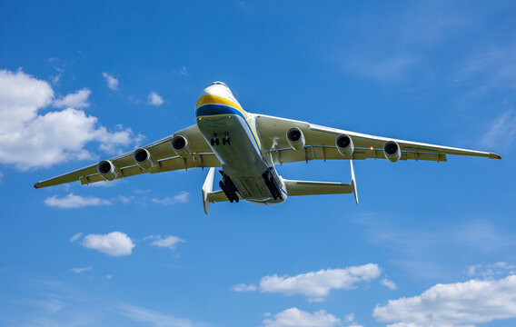 Gostomel, Ukraine - June 4, 2021: The plane Antonov 225 AN-225 Mriya, the biggest airplane in the world taking off from the airport. UR-82060 largest aircraft flying in the sky. Kyiv Kiev .