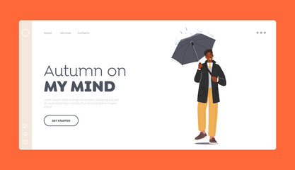 Autumn Meteorology Forecast Landing Page Template. Young African Business Man City Dweller with Umbrella under Rain
