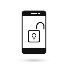 Mobile phone flat design with unlock padlock icon.