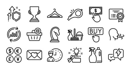 Update data, Whistle and Shampoo and spray line icons set. Secure shield and Money currency exchange. Working hours, Certificate and Breathing exercise icons. Vector