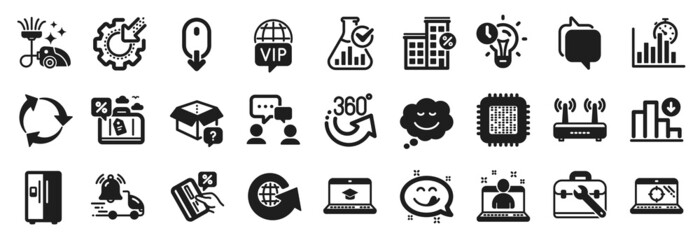 Set of Technology icons, such as Refrigerator, Credit card, Chemistry lab icons. Messenger, Vip internet, Time management signs. Yummy smile, Delivery notification, Tool case. 360 degrees. Vector