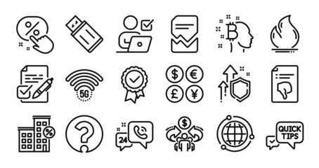 Loan house, Corrupted file and 24h service line icons set. Secure shield and Money currency exchange. Tested stamp, Voting ballot and Quick tips icons. Vector