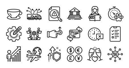 Employee result, Settings gear and Wedding glasses line icons set. Secure shield and Money currency exchange. Teamwork, Interview and Court building icons. Vector