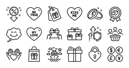 Fototapeta premium My love, Coupons and Gift box line icons set. Secure shield and Money currency exchange. Surprise boxes, Smile and Holidays shopping icons. Ship travel, Hold heart and Love award signs. Vector