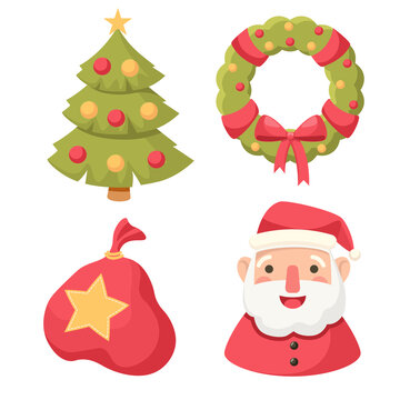 Set of Christmas Elements Fir-tree, Festive Wreath Decorated with Balls, Sack with Gifts and Santa Claus Isolated Icons