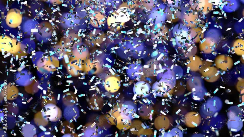 Poster realistic looping 3d animation of the blue and yellow shining light particles bokeh with falling sil