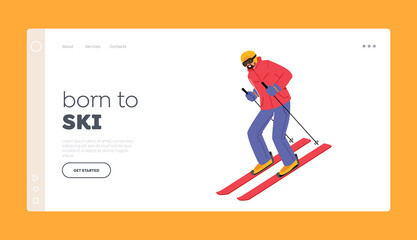 Ski Sport Activity Landing Page Template. Athlete Man in Warm Clothes, Helmet and Sunglasses Skiing. Skier Riding Down