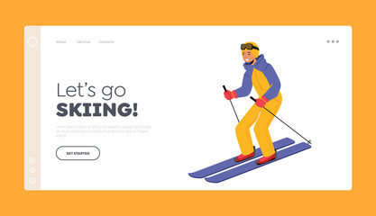 Skiing Winter Sport Landing Page Template. Young Woman Wearing Warm Sportive Costume and Goggles Going Downhill