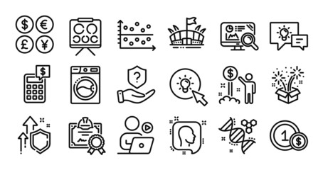 Energy, Usd coins and Video conference line icons set. Secure shield and Money currency exchange. Idea lamp, Vision board and Head icons. Washing machine, Chemistry dna and Calculator signs. Vector