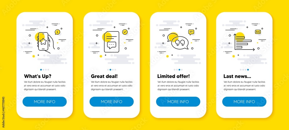 Poster vector set of quote bubble, comments and favorite app line icons set. ui phone app screens with line