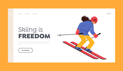 Little Girl Skiing Landing Page Template. Child in Warm Sportive Costume and Goggles Go Downhill by Skis, Winter Sports